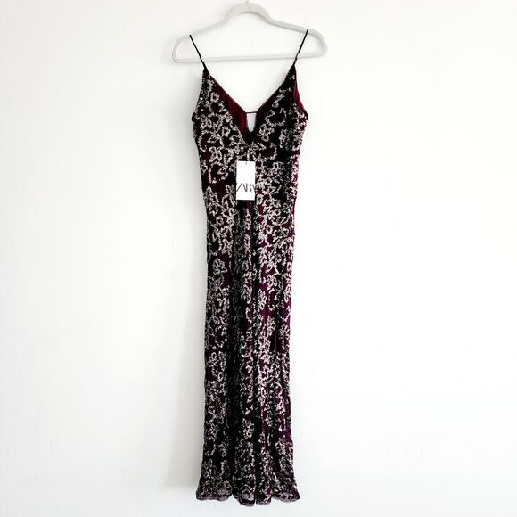 Zara Burgundy Sequin Midi / Maxi Slip Dress Spaghetti Strap V-Neck Size Small - Picture 4 of 10